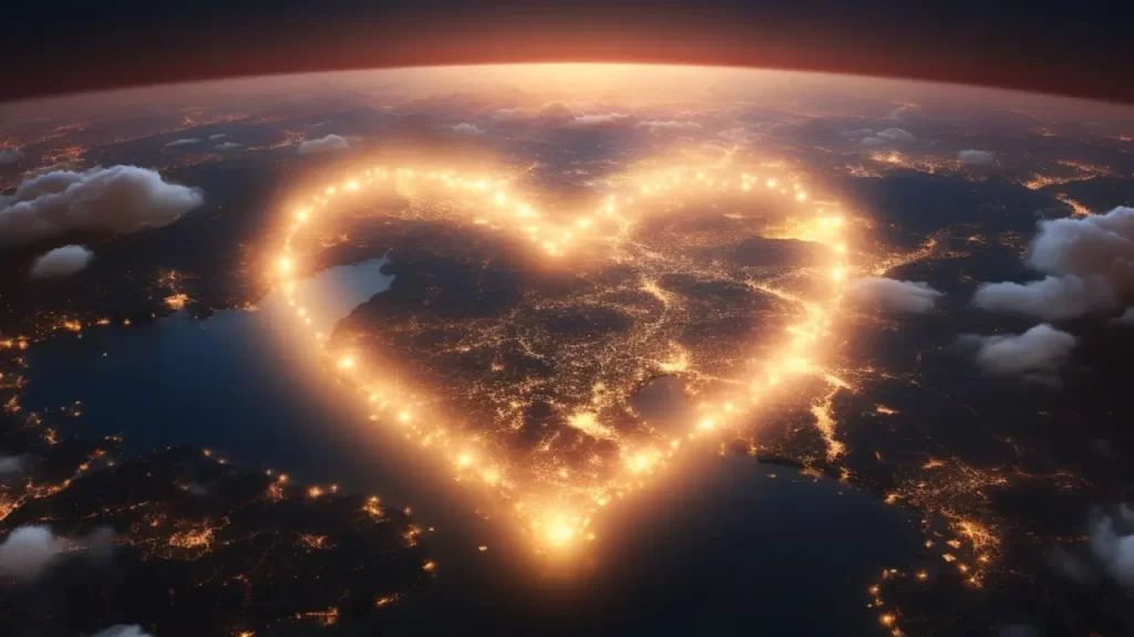 Espírito escolhendo uma nova encarnação entre estrelas, guiado por seres de luz.