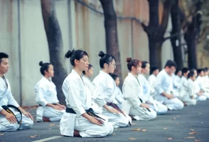 Pessoas ajoelhadas de kimono branco fortalecendo a autodisciplina energética