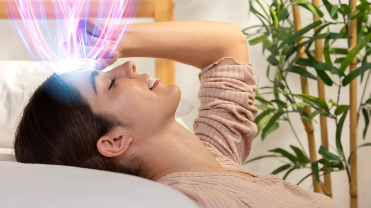 mulher deitada emanando luz oração científica.