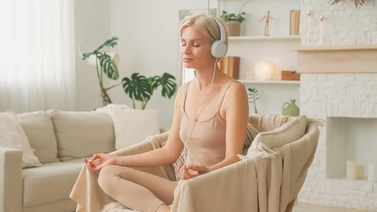 Mulher meditando com auxílio da tecnologia para bem-estar emocional e equilíbrio mental.