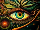 "Ilustração mística de um olho espiritual cercado por folhas e espirais coloridas, representando visões e revelações durante experiências com Ayahuasca.