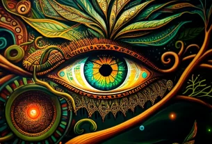 "Ilustração mística de um olho espiritual cercado por folhas e espirais coloridas, representando visões e revelações durante experiências com Ayahuasca.