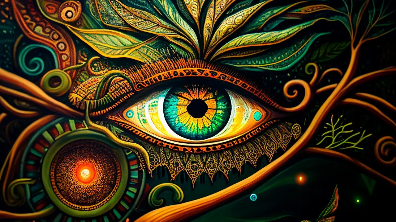 "Ilustração mística de um olho espiritual cercado por folhas e espirais coloridas, representando visões e revelações durante experiências com Ayahuasca.