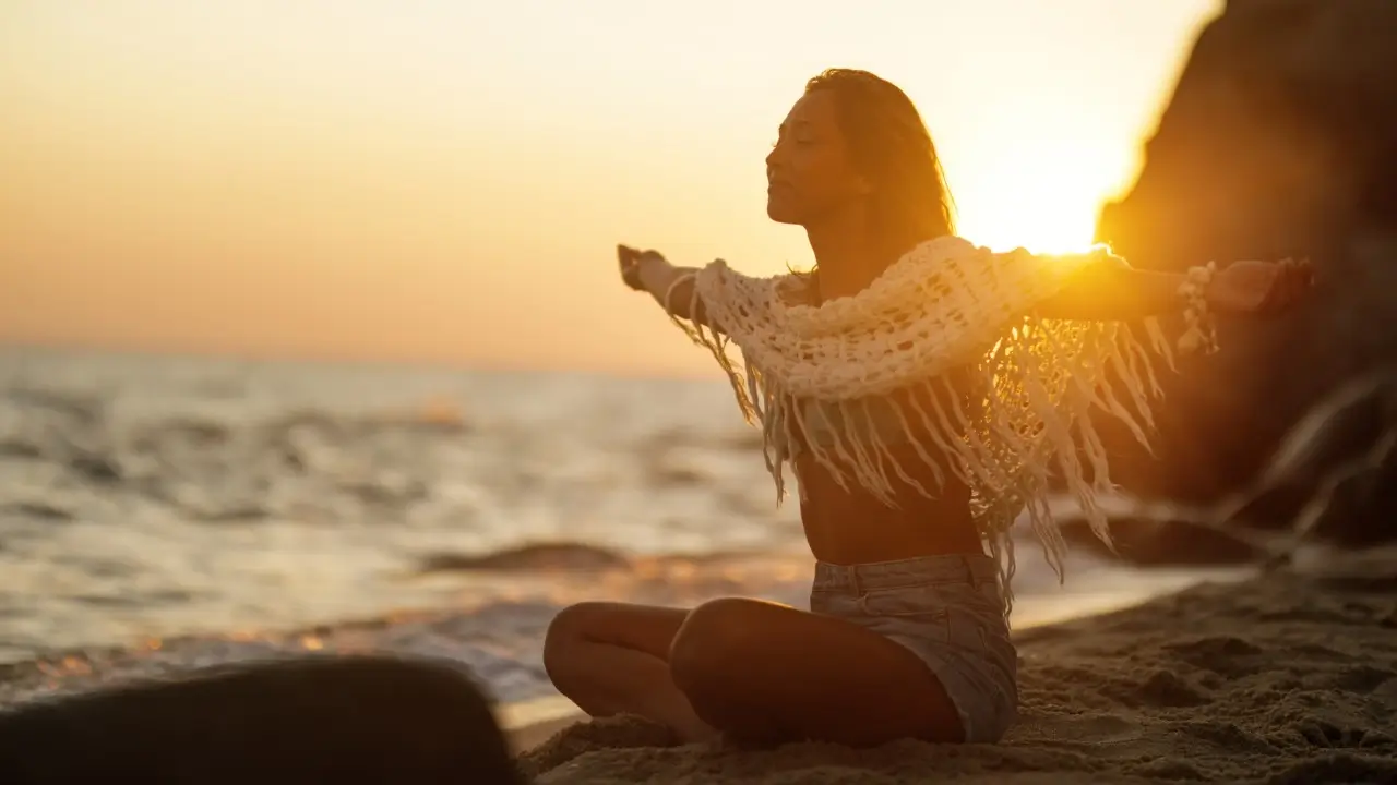 Mulher contemplando o nascer do sol na natureza após ritual com Ayahuasca, simbolizando o início da integração e transformação interior.