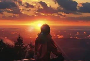 Uma mulher meditando no nascer do sol, emanando luz dourada praticando as 7 técnicas avançadas da lei da atração