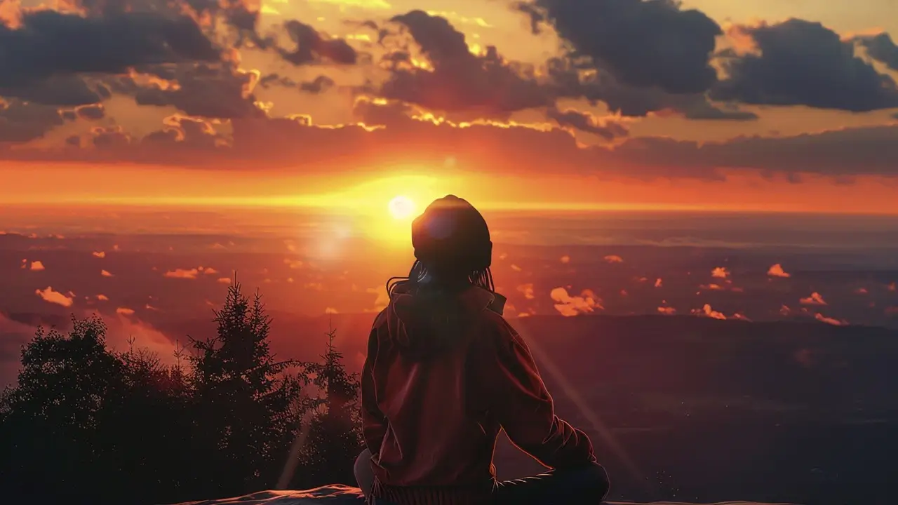 Uma mulher meditando no nascer do sol, emanando luz dourada praticando as 7 técnicas avançadas da lei da atração