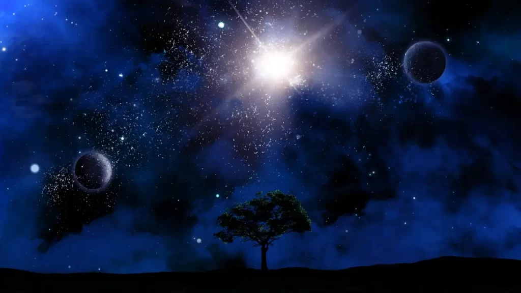 Representação simbólica de mensagens da alma em pesadelos frequentes, com figura espiritual no céu noturno sugerindo conexão energética.
