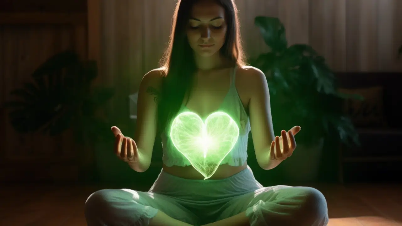 Mulher meditando com as mãos no coração, envolvida por luz dourada e verde, simbolizando coerência cardíaca e campo energético elevado.