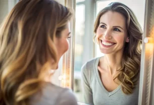 Mulher contemplando sua imagem no espelho, refletindo sobre o poder do autoconhecimento e a conexão profunda com sua verdadeira essência.