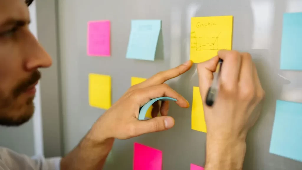 uma lousa com post it metas