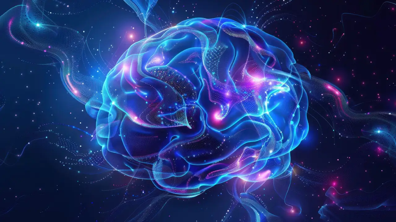 Ilustração do cérebro humano em conexão com o universo, simbolizando a origem da consciência segundo a neurociência moderna