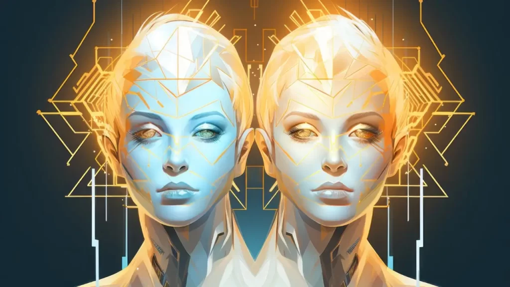 Silhueta de mulher se integrando a circuitos, luzes e energia, representando a união entre tecnologia, consciência e espiritualidade, com a reflexão: “Tecnologia tem alma?” IA e consciência