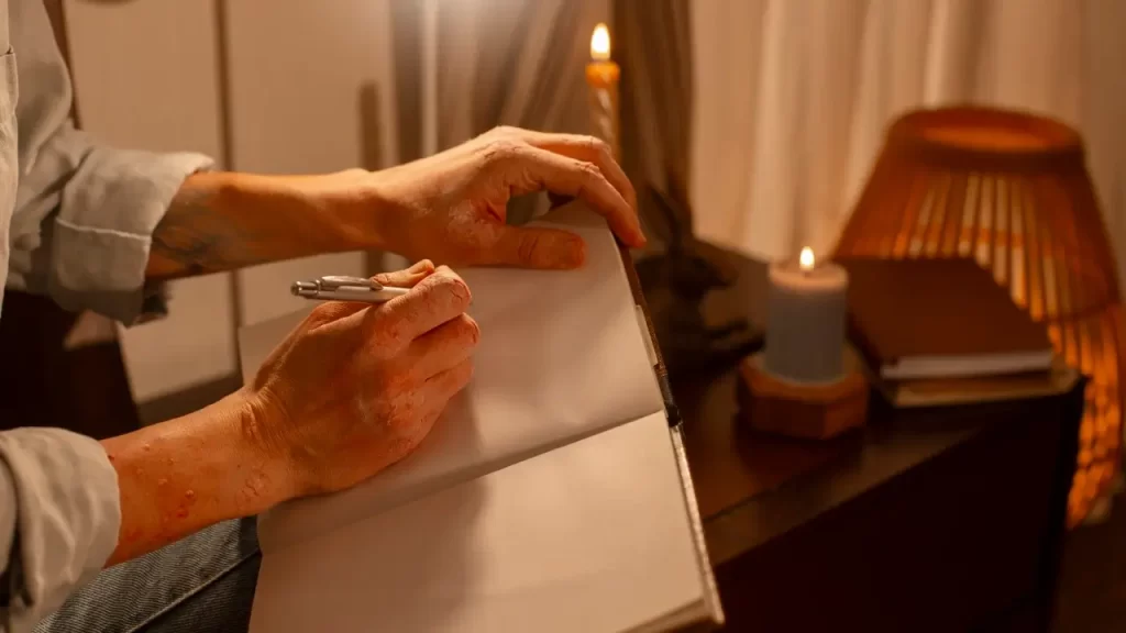 Diário de integração pós-ritual com cristais, simbolizando autocuidado, reflexão profunda e cura emocional após o uso da Ayahuasca.