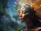 Primeira experiência com Ayahuasca, mulher meditando durante cerimônia de Ayahuasca em ambiente natural, conexão espiritual e transformação.