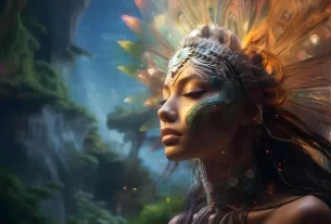 Primeira experiência com Ayahuasca, mulher meditando durante cerimônia de Ayahuasca em ambiente natural, conexão espiritual e transformação.