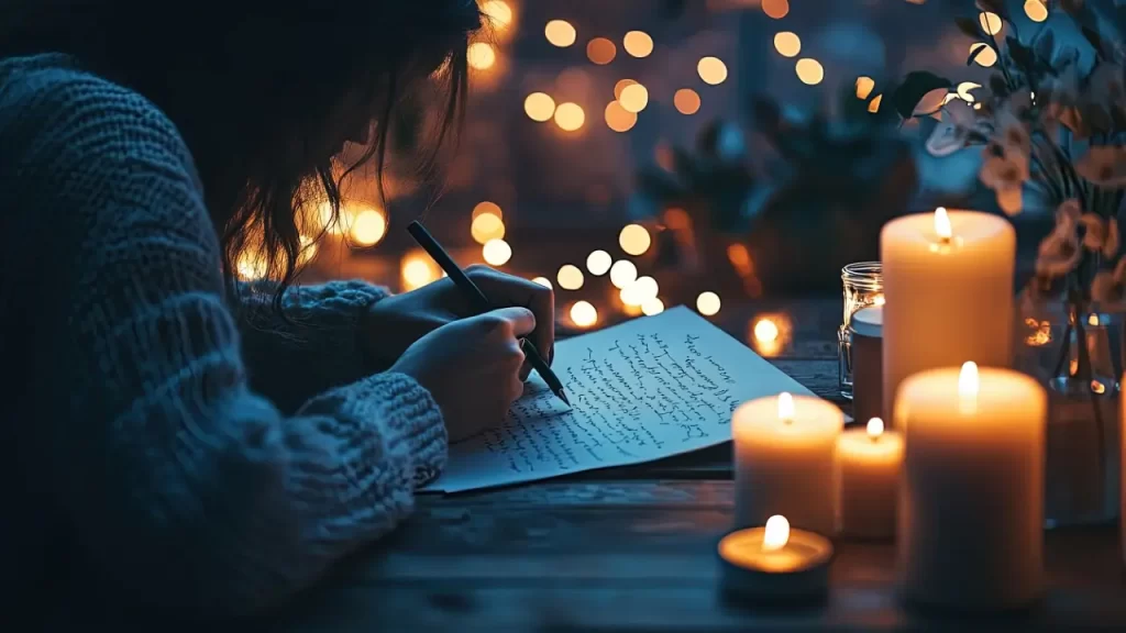 Mulher se conectando com a energia da Lua Nova enquanto escreve suas intenções, ritual de autoconhecimento e recomeço. lua nova para plantar intenções