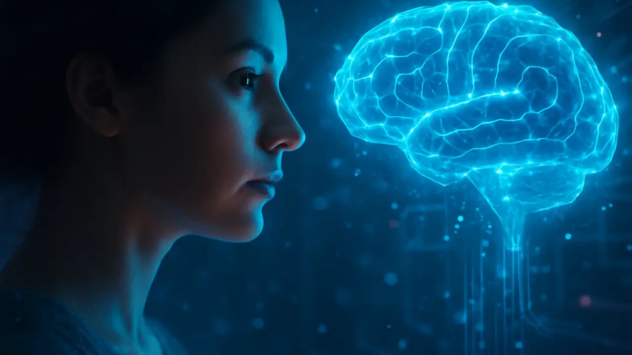 Cérebro em imagem holográfica sendo “curado” por ondas de luz, simbolizando reprogramação energética e mental. neurofeedback e neurointegração.