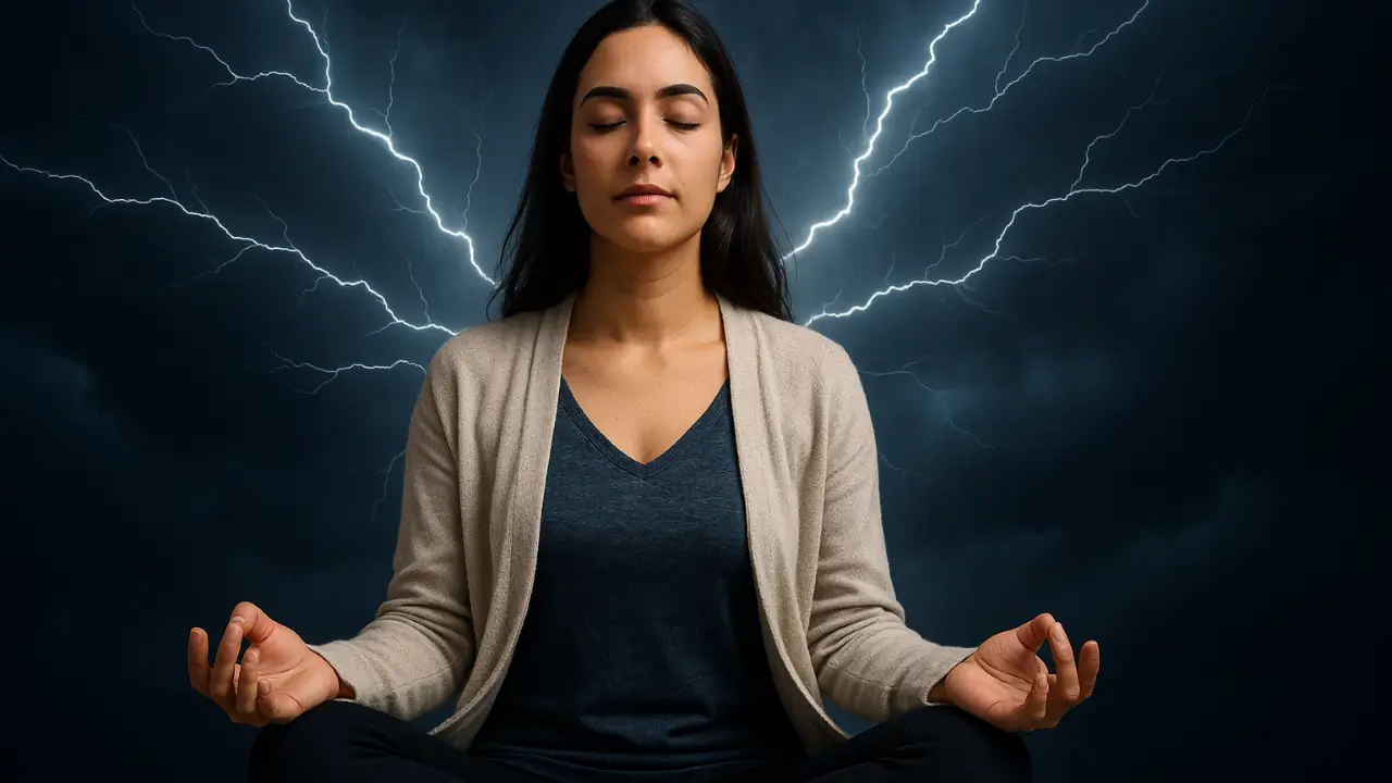Mulher meditando em meio ao caos, simbolizando paz interior.