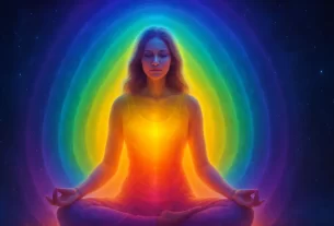 Mulher meditando com aura multicolorida refletindo equilíbrio energético. aura humana