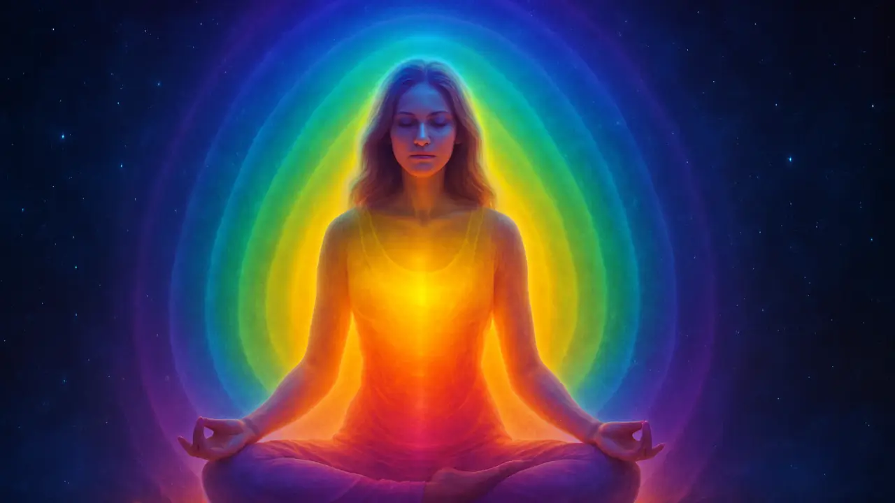 Mulher meditando com aura multicolorida refletindo equilíbrio energético. aura humana