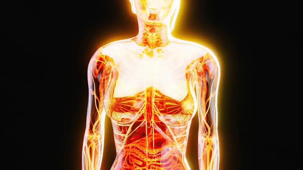 terapia somática  Corpo feminino com traços de energia fluindo, em tom artístico, representando liberação e cura emociona