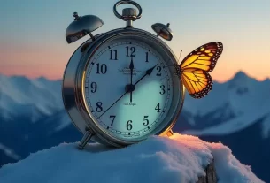 Relógio se dissolvendo com uma borboleta voando, simbolizando a fluidez do tempo e a transformação da alma.” o homem que comprou o tempo