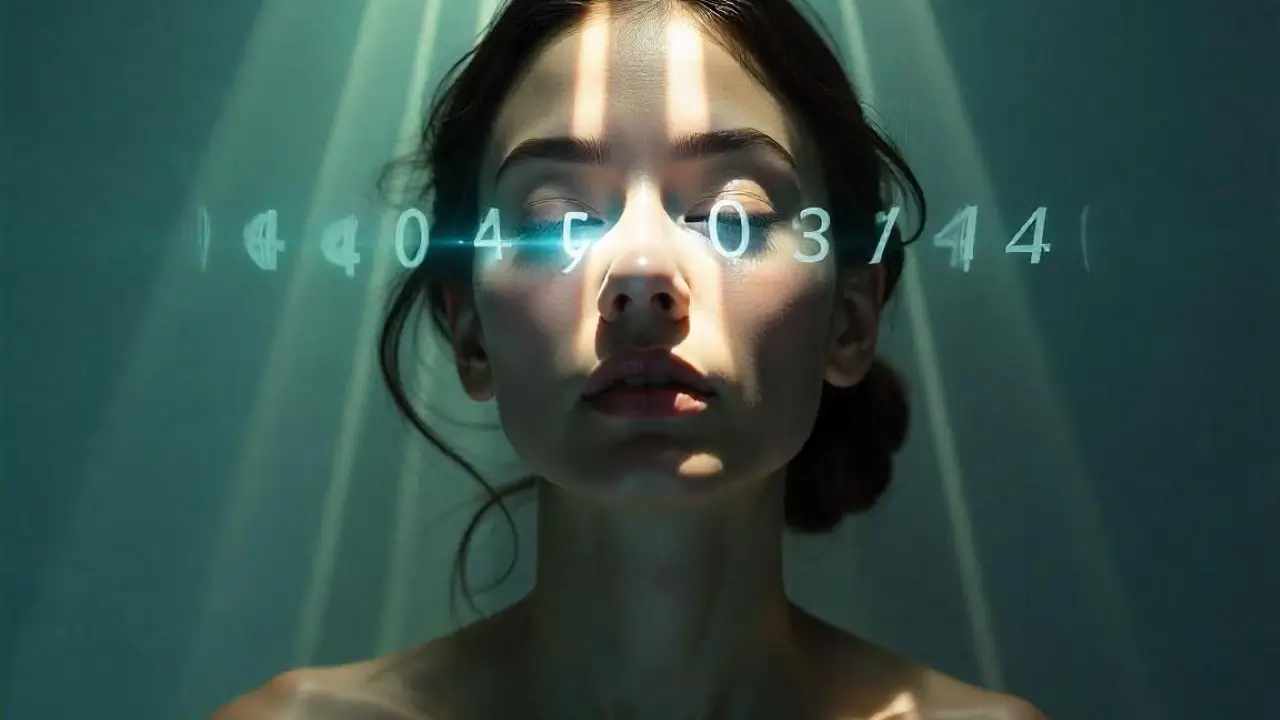 "Mulher em conexão espiritual com triângulo sagrado e números, representando a Chave do Destino