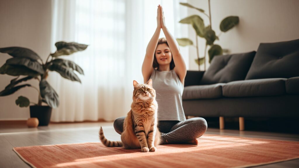 Mulher meditando com gato no colo em ambiente espiritualizado”