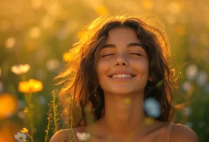 Mulher praticando ritual matinal de abundância com luz dourada ao fundo.