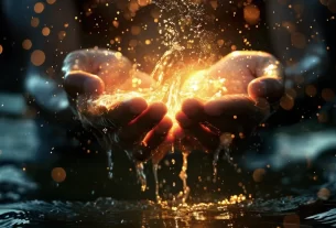 : Mãos femininas abertas recebendo uma intensa luz dourada, representando conexão espiritual, abundância e o fluxo da vida as 7 leis espiritual do sucesso
