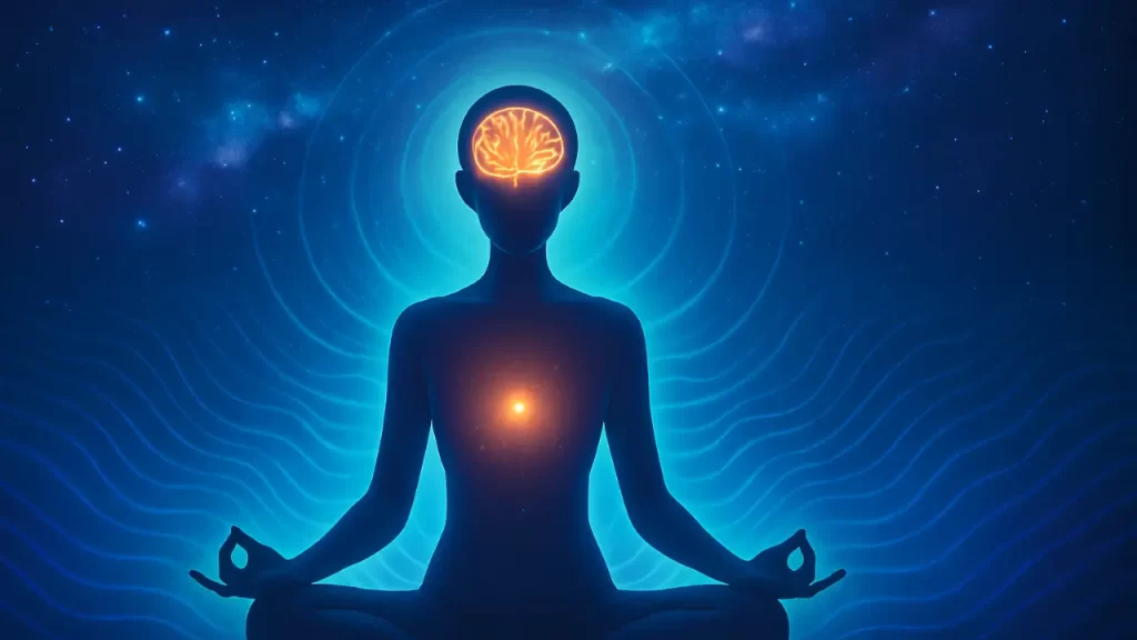 Figura humana meditando no centro de ondas vibracionais, com cérebro iluminado, conectando-se a um campo energético cósmico. experimento quântico