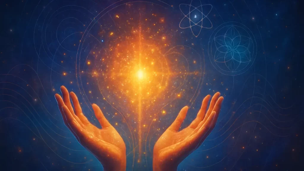 Mãos abertas liberando partículas de luz e energia, formando uma nova realidade, com símbolos quânticos e fractais ao fundo.