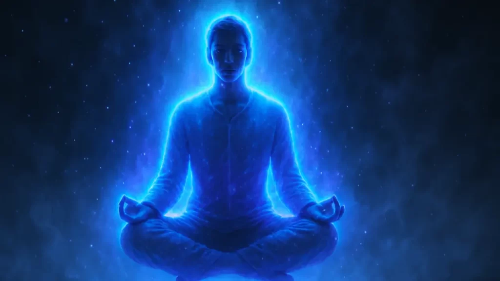   o que é projeção astral “Pessoa em meditação com aura brilhante representando projeção astral e expansão da consciência”