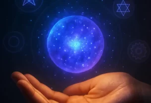 Imagem simbolizando proteção energética e segurança na projeção astral, com uma mão segurando uma esfera de energia luminosa