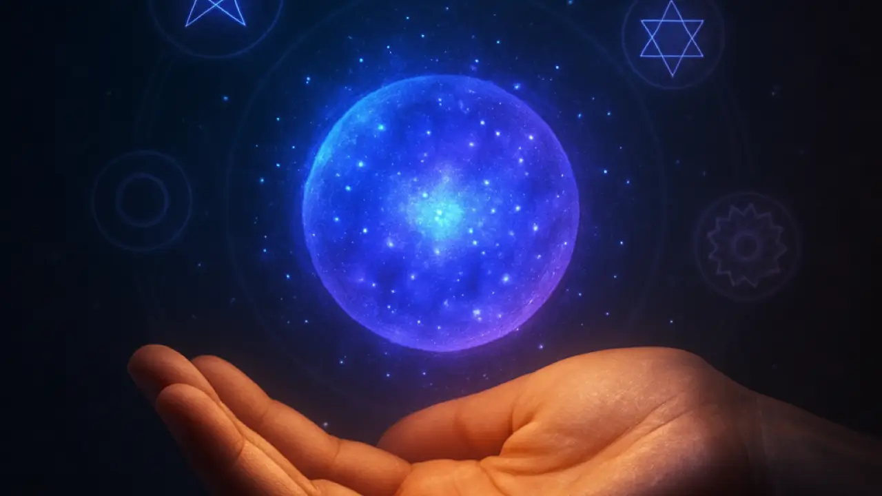 Imagem simbolizando proteção energética e segurança na projeção astral, com uma mão segurando uma esfera de energia luminosa