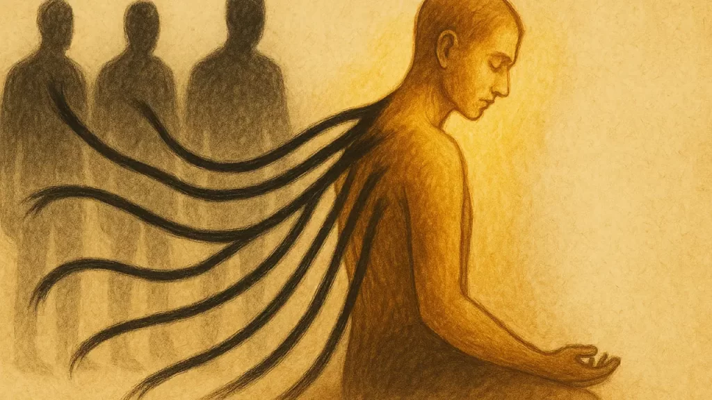 	Pessoa ligada a figuras sombrias por fios negros, simbolizando dreno. 7 sinais de drenagem de energia