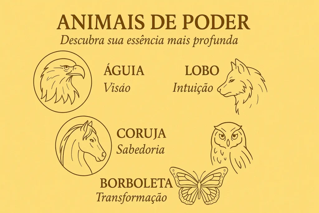 Animais de poder e seus significados espirituais representados em forma simbólica.