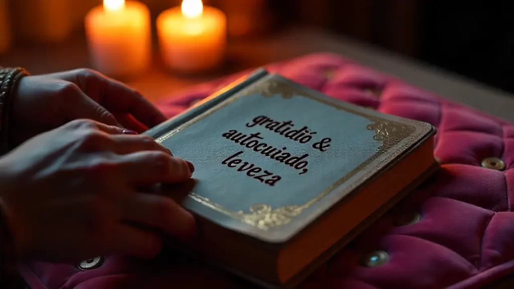  Mãos femininas segurando um caderno com palavras como "gratidão", "autocuidado", "leveza".