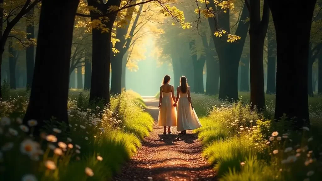 duas mulheres caminhando em uma estrada iluminada de mãos dadas, simbolizando o caminho da reencarnação