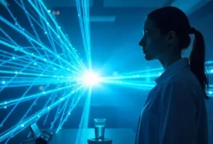 Ilustração estilizada do experimento da dupla fenda, com feixes de luz atravessando barreiras e formando padrões de interferência — com um observador ao fundo em silhueta.