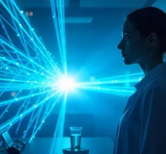 Ilustração estilizada do experimento da dupla fenda, com feixes de luz atravessando barreiras e formando padrões de interferência — com um observador ao fundo em silhueta.