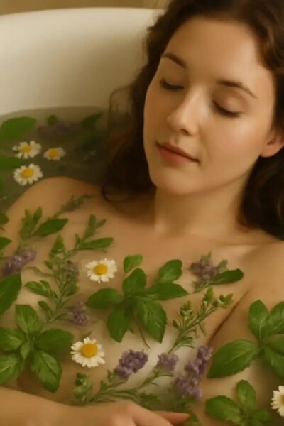 mulher em uma banheira tomando banho relaxante com ervas