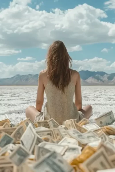 Mulher meditando conectada à frequência do dinheiro e vibrando na energia da prosperidade financeira.