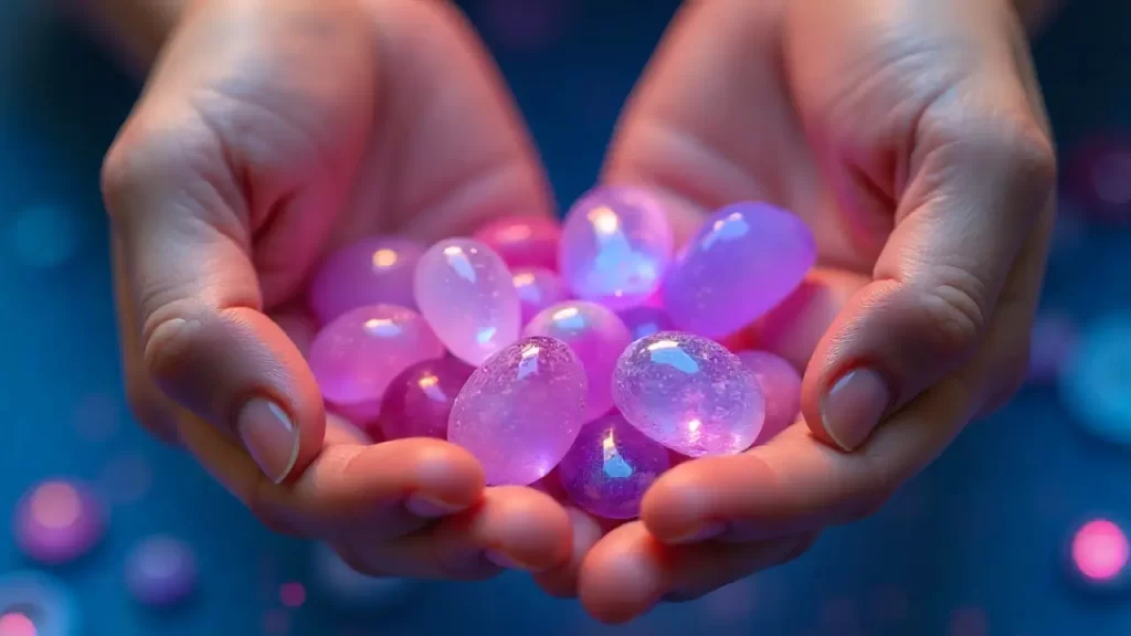 Mãos segurando cristais em técnicas de cura energética para iniciantes, com fundo etéreo promovendo equilíbrio emocional e bem-estar.