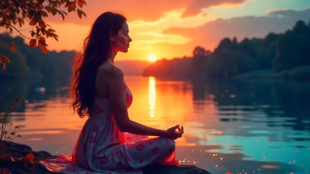 mulher meditando a beira de um lago ao por do sol refletindo sobre as citações de mestres