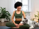 Mulher meditando ao lado de seu cão, representando a conexão espiritual entre pets e humanos. pets e espiritualidade: curadores guardiões