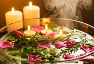 Banho energético com ervas em bacia de vidro com pétalas de rosa e ramos de alecrim, luz suave, velas acesas, ritual espiritual de limpeza e autocuidado.