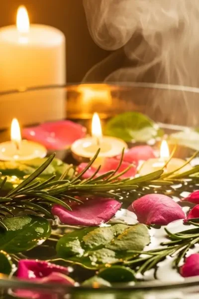 Banho energético com ervas em bacia de vidro com pétalas de rosa e ramos de alecrim, luz suave, velas acesas, ritual espiritual de limpeza e autocuidado.