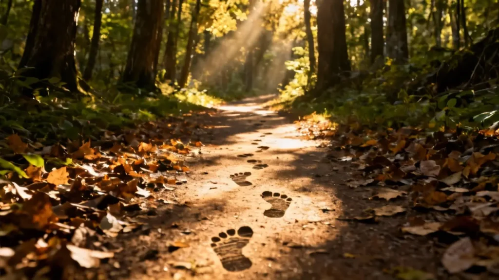 Caminho iluminado simbolizando transformação e crescimento pessoal através de hábitos positivos e duradouros
