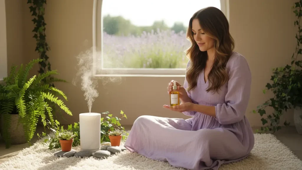 Mulher em ambiente calmo com difusor e frasco de oleos essenciais para ansiedade representando relaxamento natural e autocuidado.